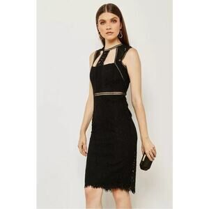 Bardot Splice Panel Lace Cutout Midi Dress in Black size 8‎
